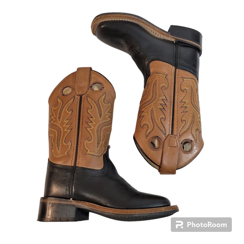 Old West Youth Cowboy Boots Size 10 D Brown Black Leather Square Toe Western